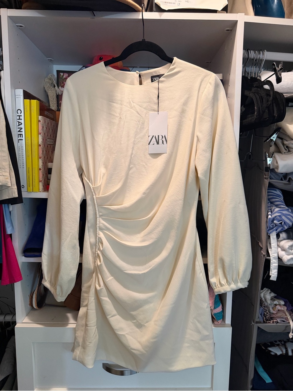 Zara Cream Long-Sleeve Ruched Mini Dress